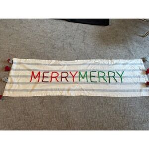Merry Merry Christmas Table Runner Striped Cotton Pom Pom Tassel Holiday Decor